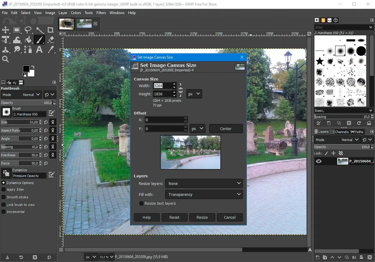 Select image size in GIMP..