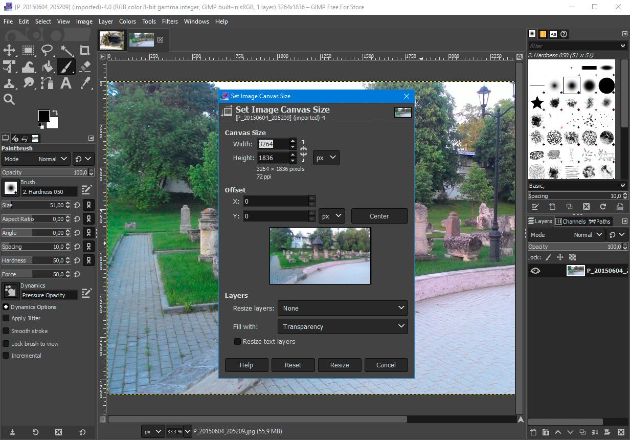 Select image size in GIMP..