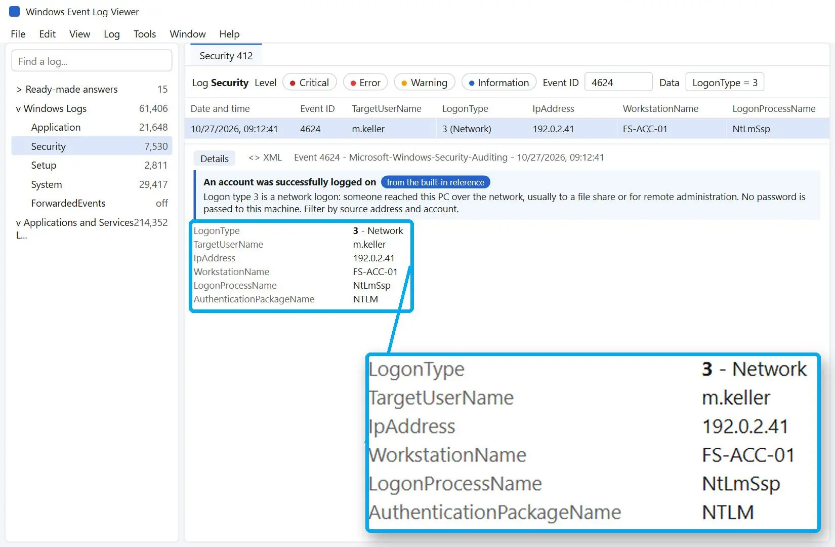  Details pane explaining a type 3 logon with the EventData fields listed by name..