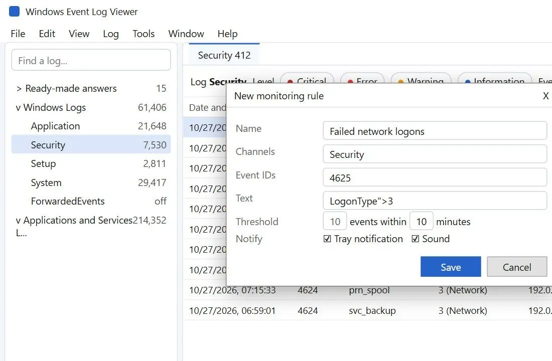  New monitoring rule for Event ID 4625 with a threshold of failed logons within 10 minutes..