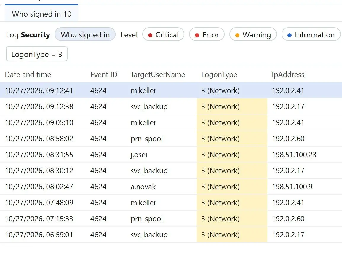 Grid filtered down to network logons, one row per account and source address..