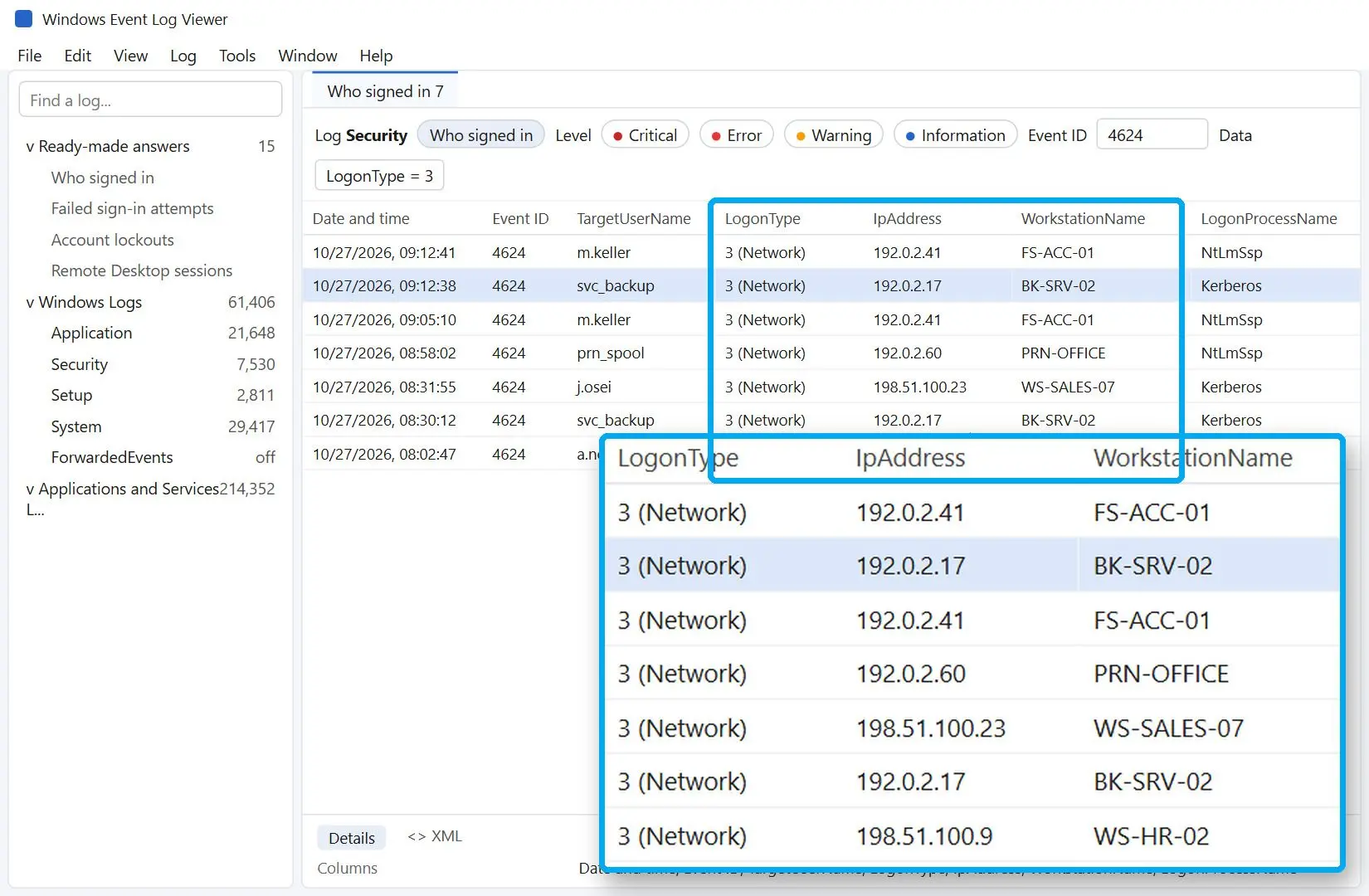  Who signed in answer listing Event ID 4624 rows with LogonType, IpAddress and WorkstationName columns..