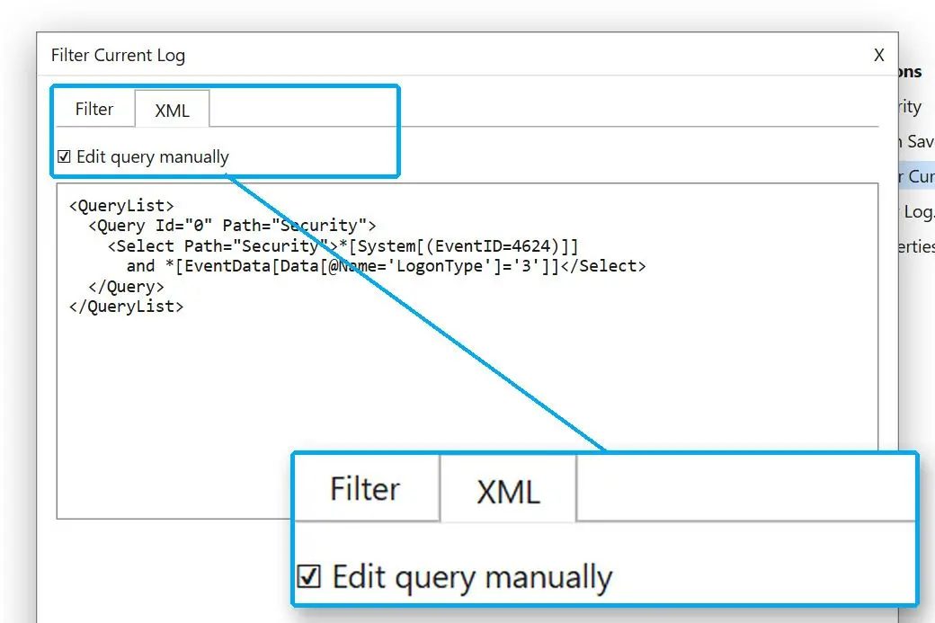  Filter Current Log dialog in Event Viewer with the XML tab open and Edit query manually ticked..