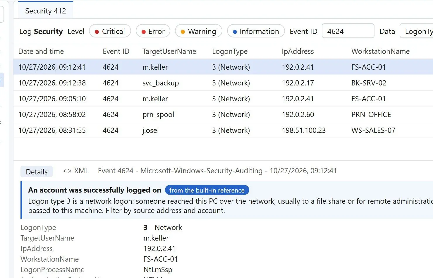 Windows Event Log Viewer Screenshot.