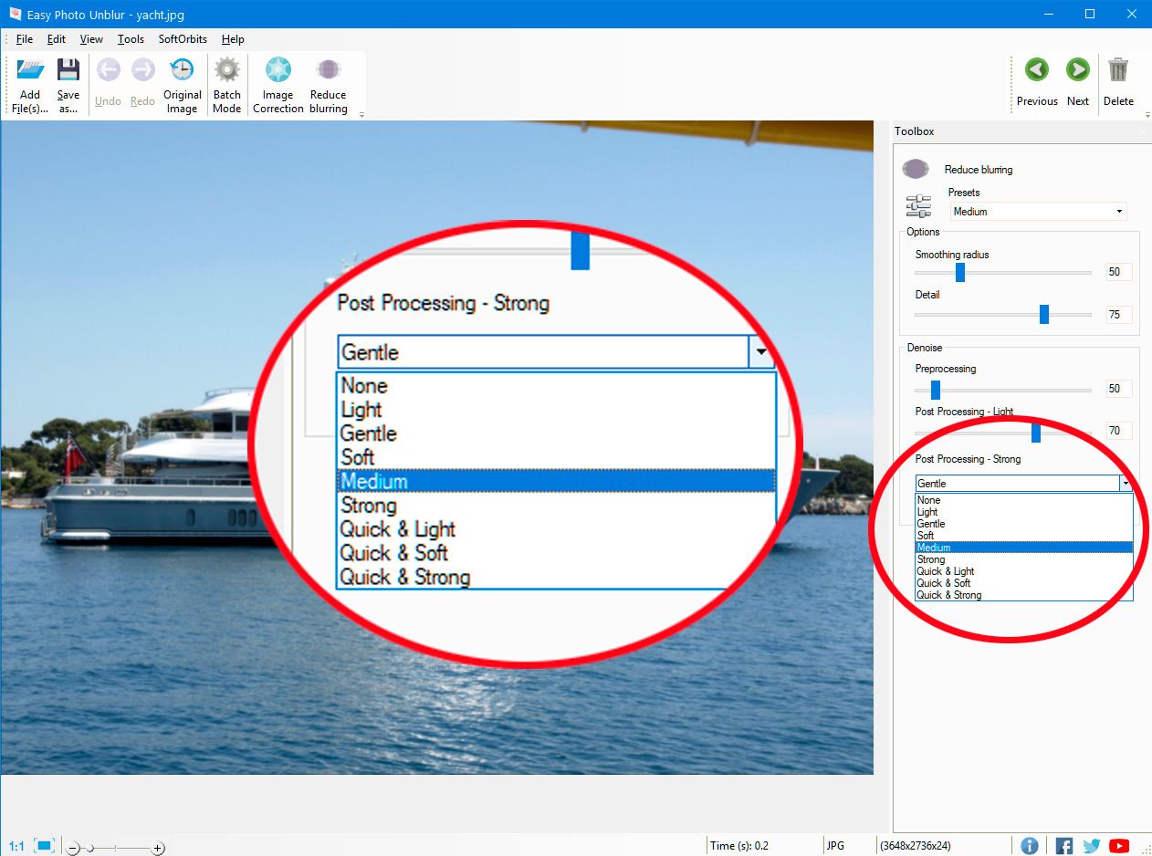 Select post-processing denoise presets in Easy Photo Unblur..