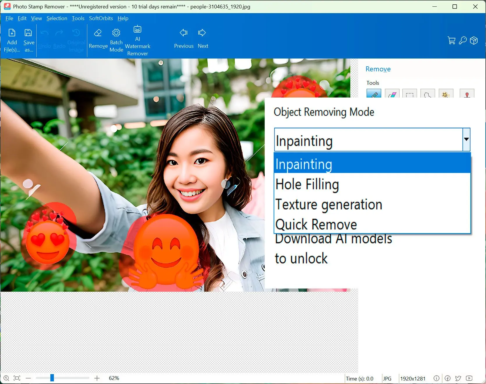 Markup Remover Screenshot: object removal options..