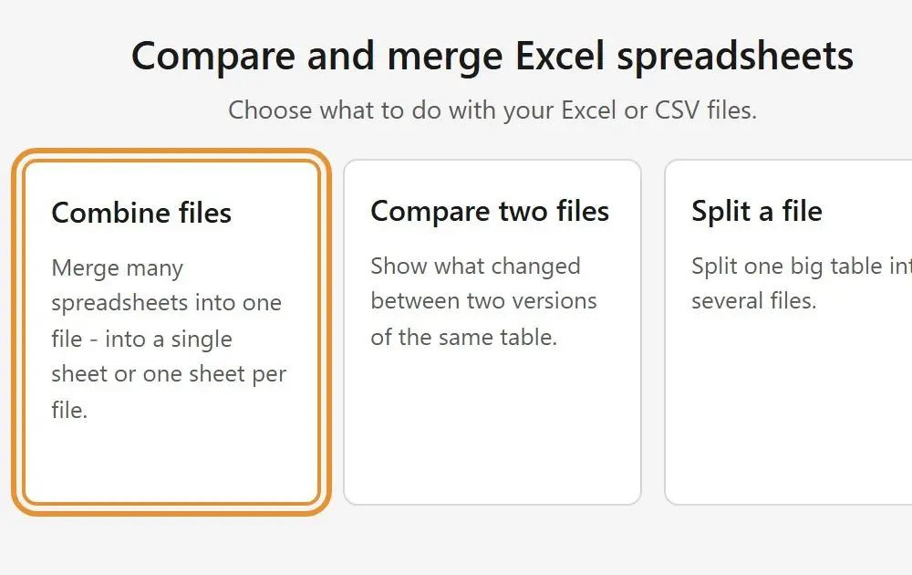  Start screen of Spreadsheet Compare & Merge Tool with the Combine files card..