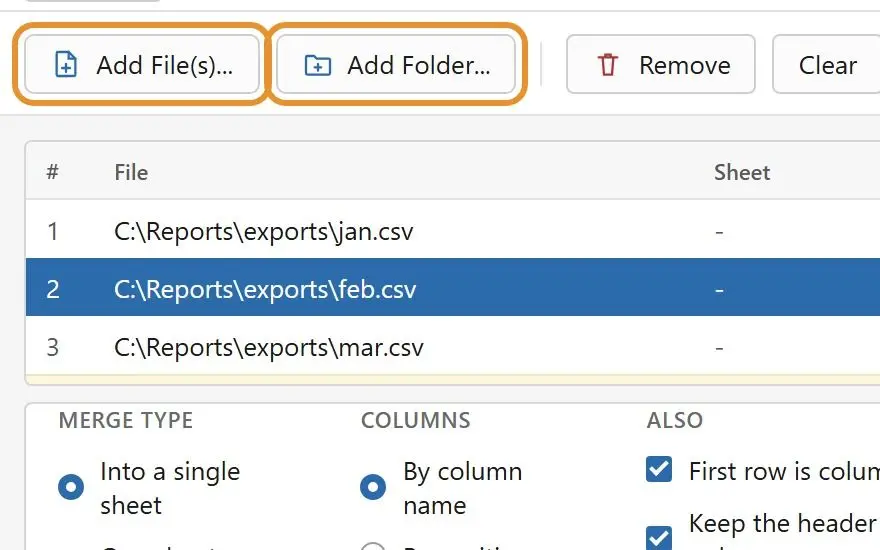  Three CSV exports added to the file list in name order..