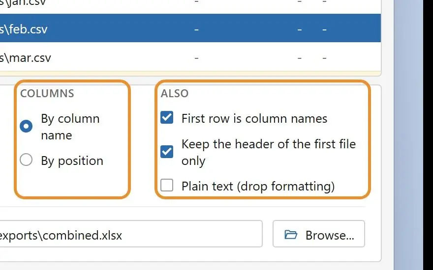  Columns set to By column name with the header options checked..