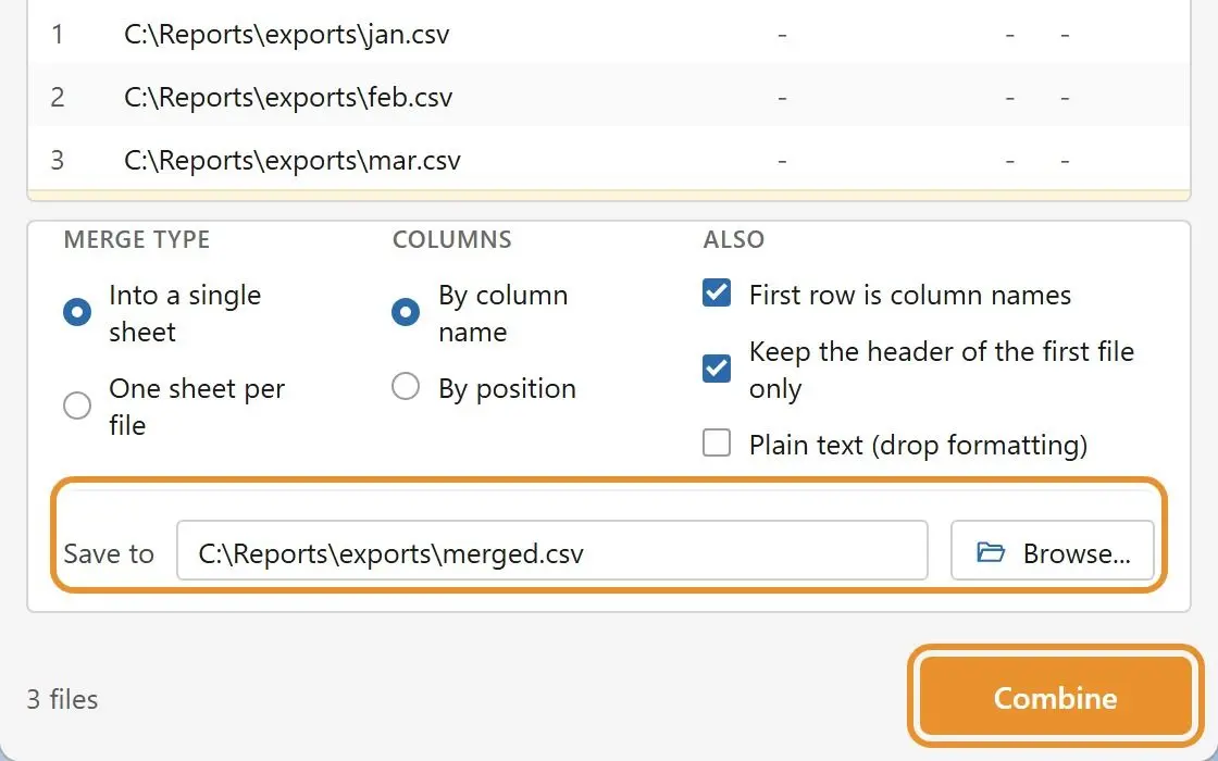  Output path ending in merged.csv, ready for the Combine button..