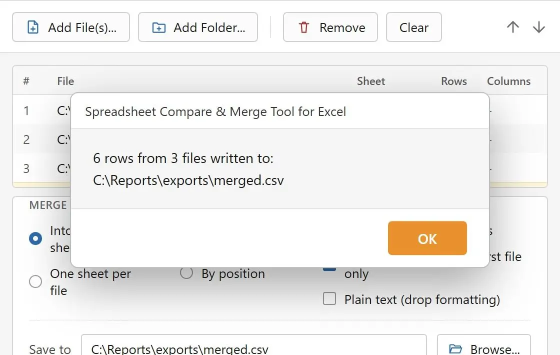  Spreadsheet Compare & Merge Tool for Excel after merging three CSV exports with different columns, with the message 6 rows from 3 files written to merged.csv..