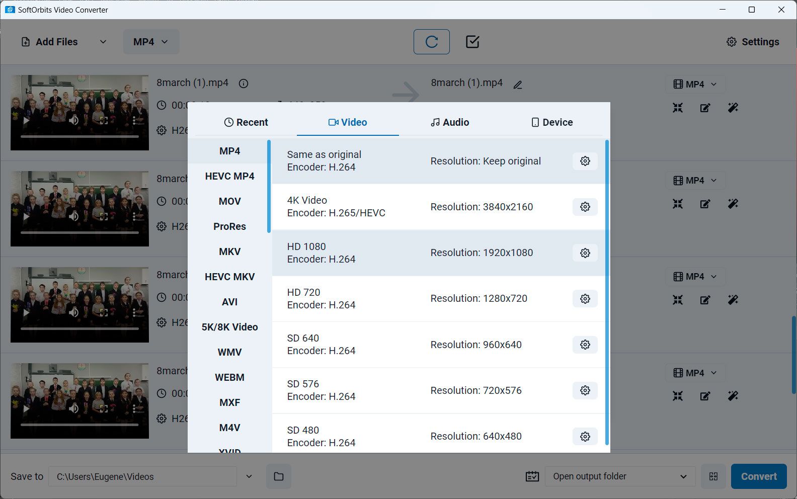 Choose MP4 as the Output Format in SoftOrbits Converter..