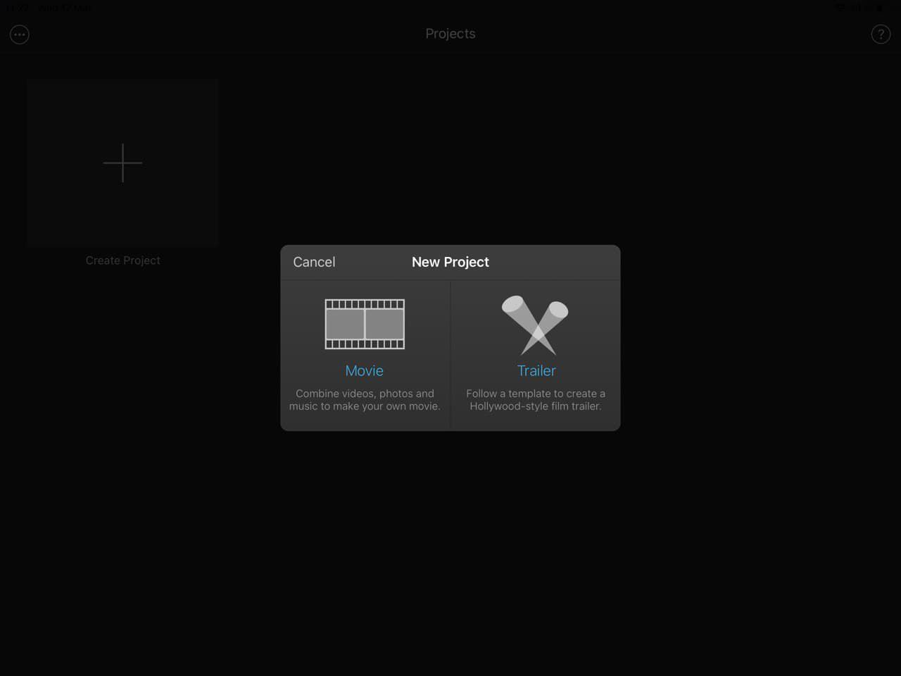 Imovie choose type of project..