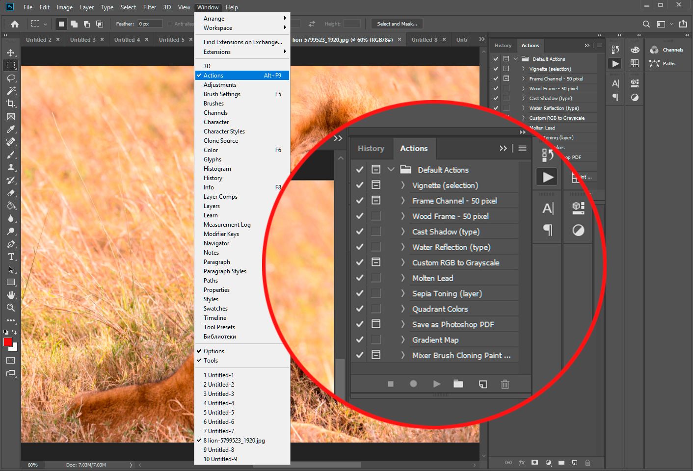 Record actions in Photoshop..