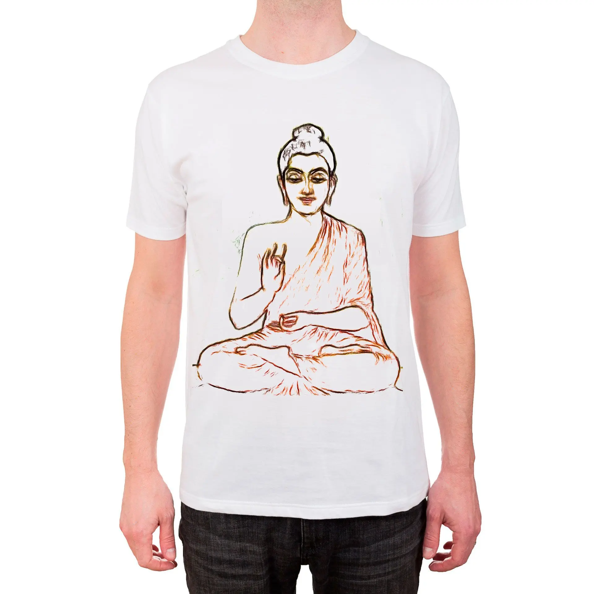T-shirt with line drawing sketch of budha..