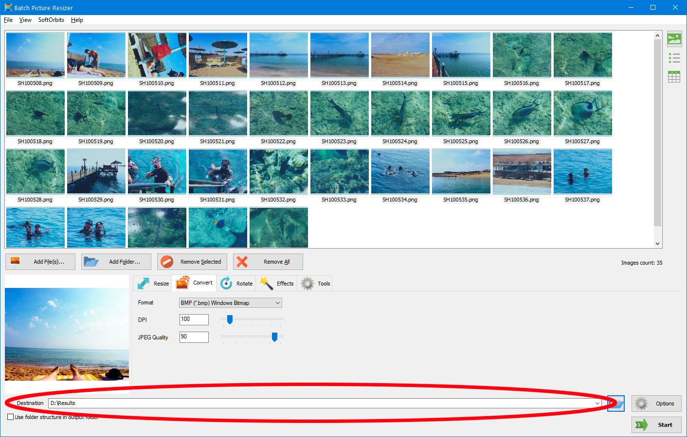 Choose destination folder in Batch Picture Resizer..