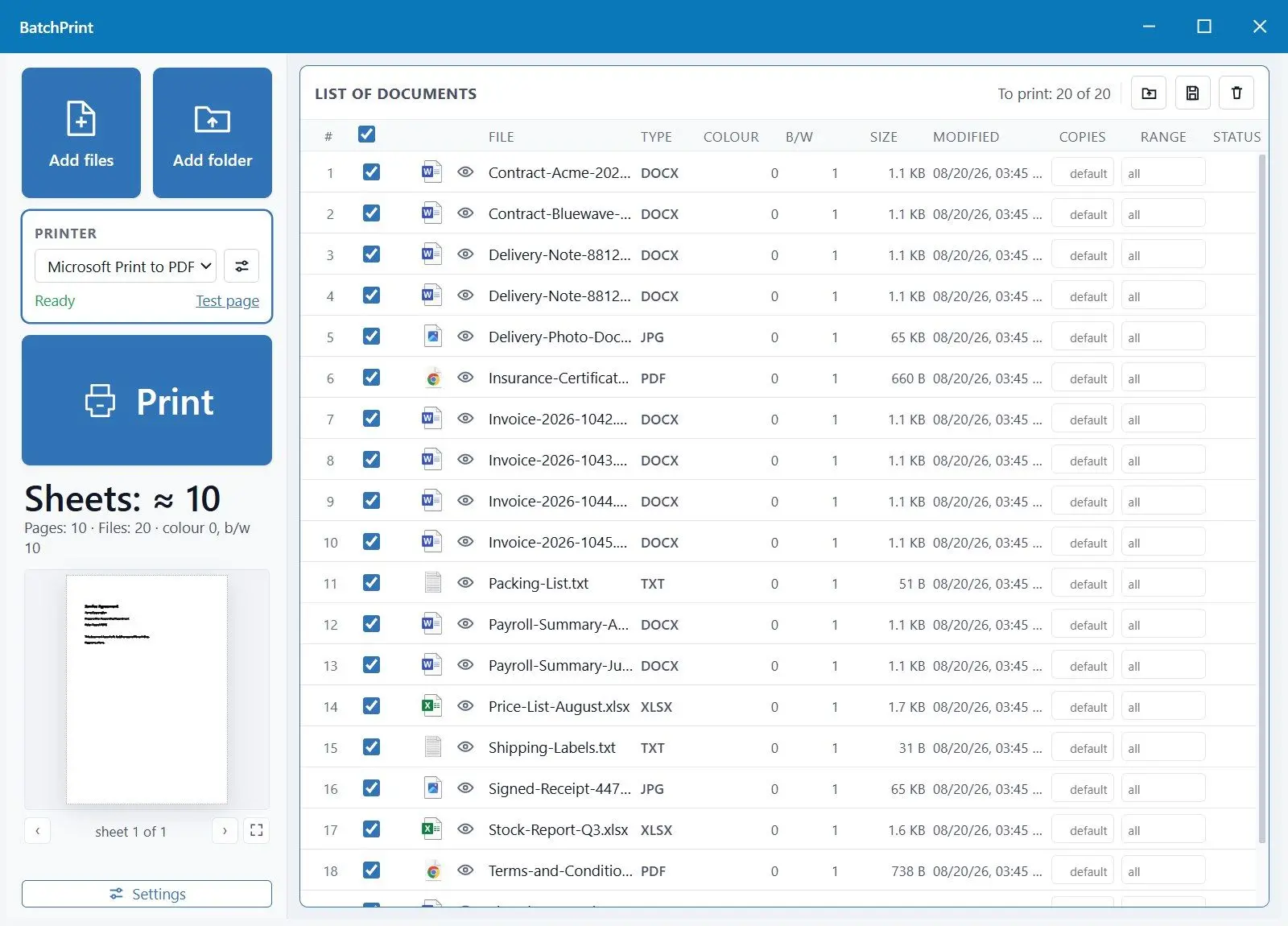  Adding a whole folder of documents to the BatchPrint list..