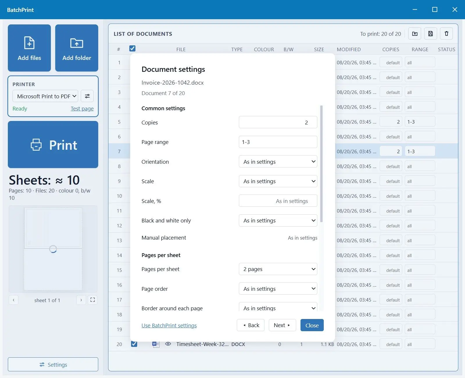  Per-file print settings on one row of the BatchPrint list..
