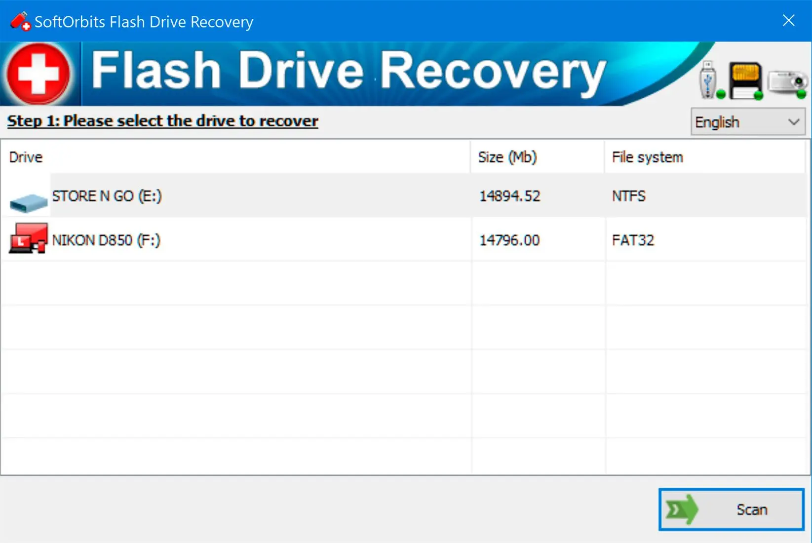  Selecting the SD card in Flash Drive Recovery..