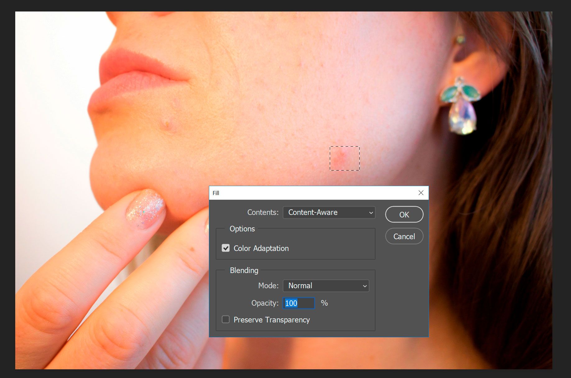 Photoshop remove blemish from face using content aware fill..