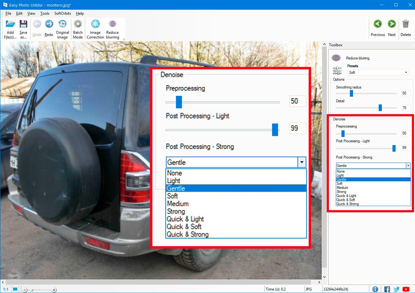 Select post processing denoise presets in Blur Remover..