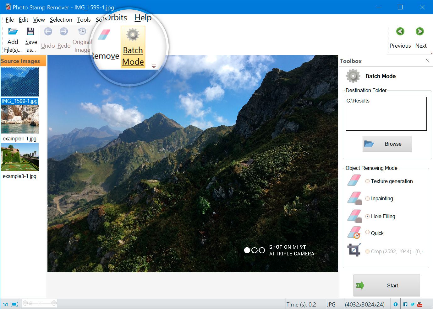 Remove text from photo in a batch mode..