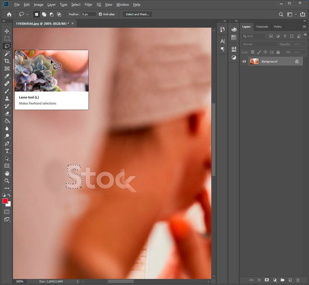 Photoshop select transparent watermark with lasso tool..