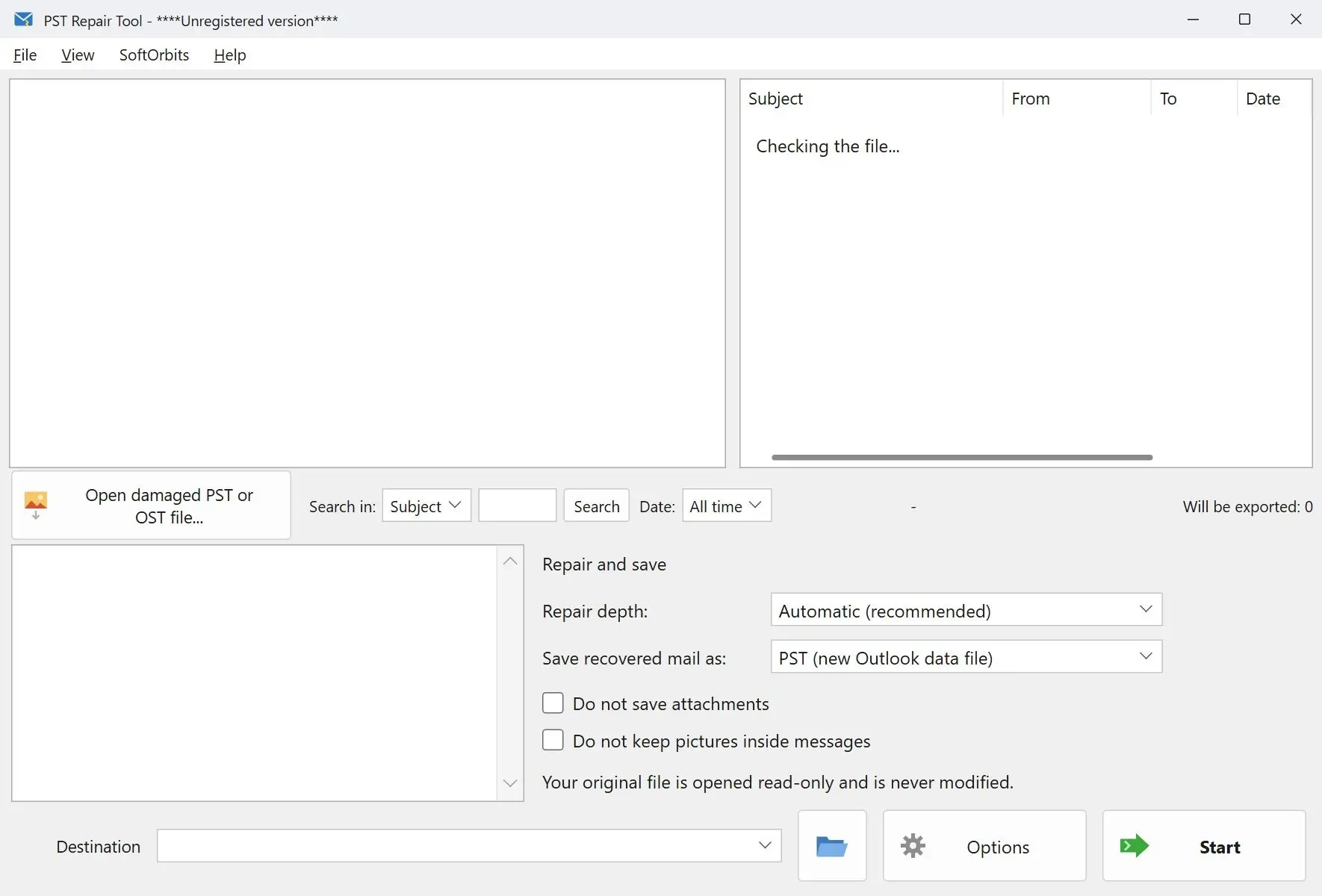  Opening a damaged PST file in PST Repair Tool for Outlook..