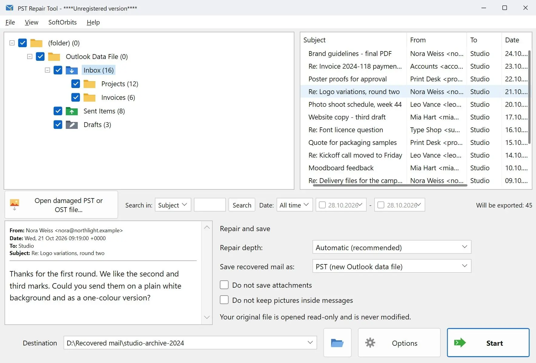  Preview of recovered folders and messages before saving..