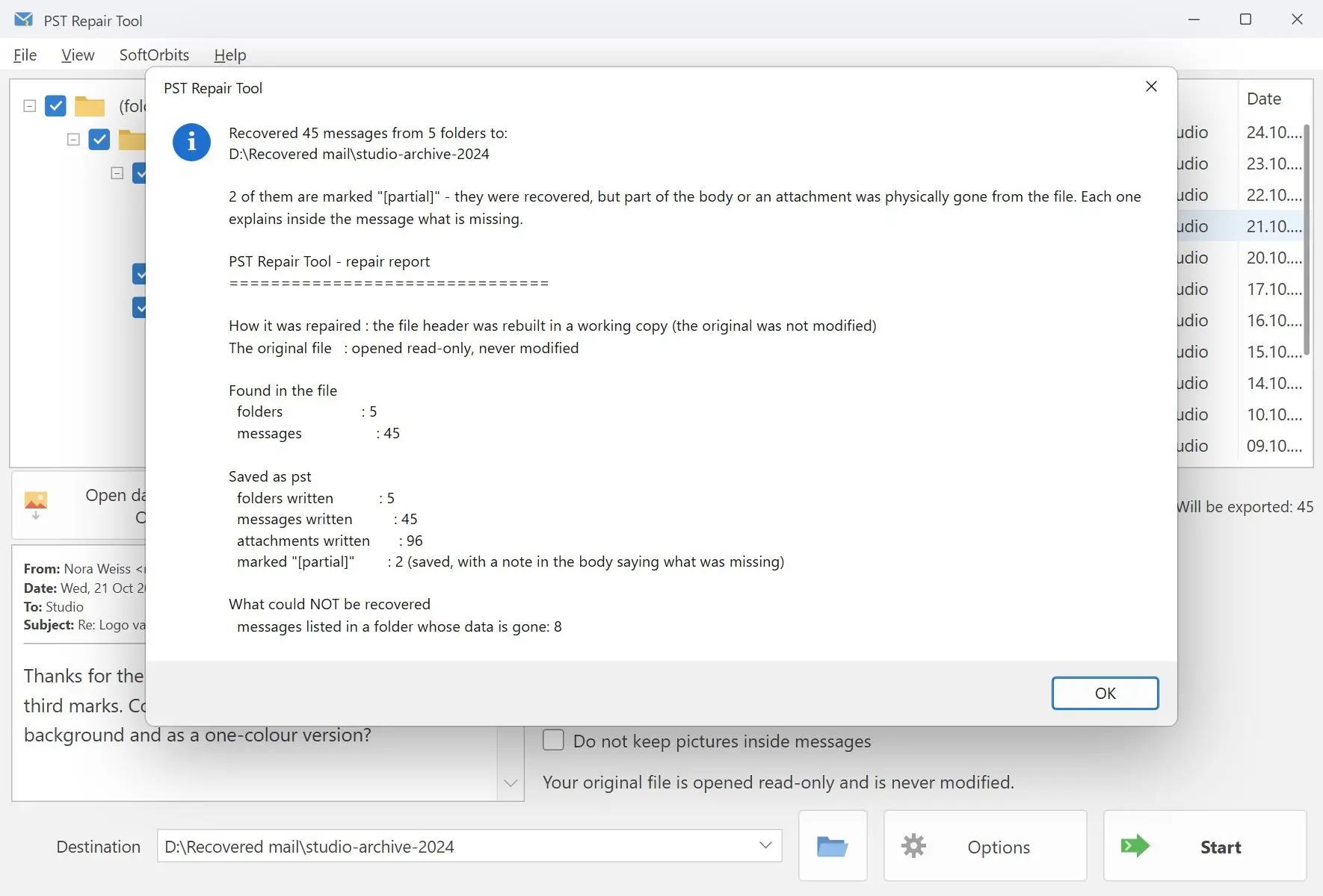  PST Repair Tool for Outlook after repairing studio-archive-2024.pst: recovered folders and message count..