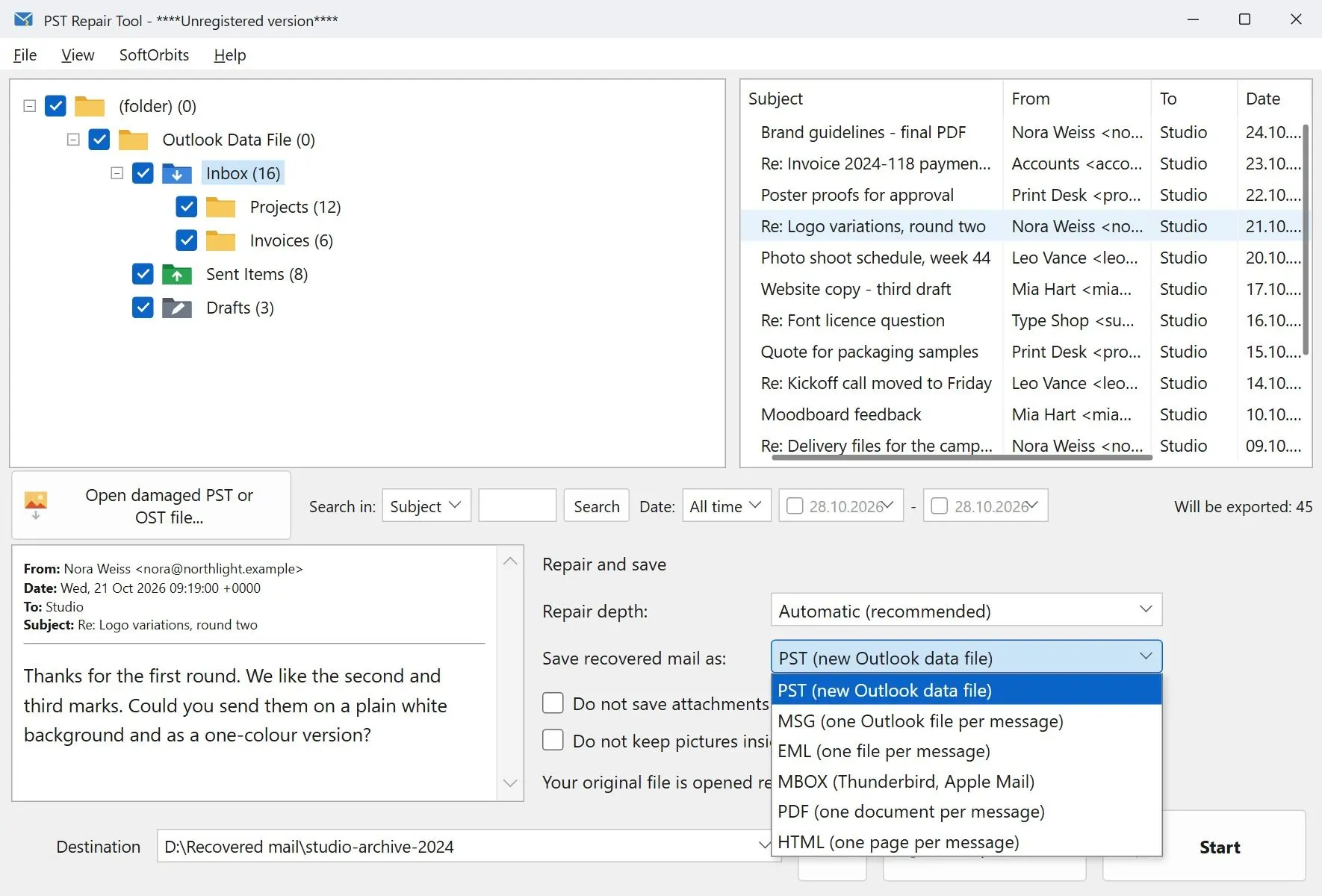  Output format list under Save recovered mail as, with PST selected..