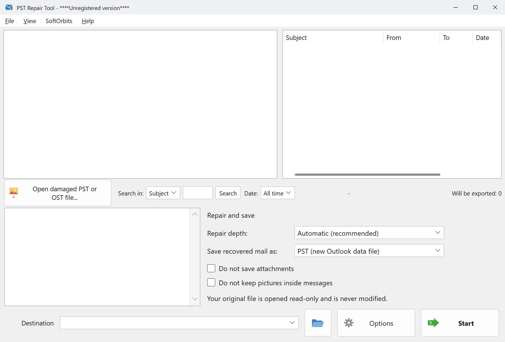  PST Repair Tool for Outlook start window with the Open damaged PST or OST file button..