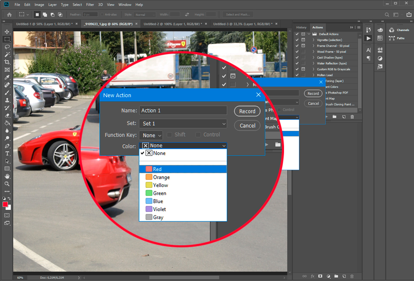 Photoshop color coded function for resizing images action.