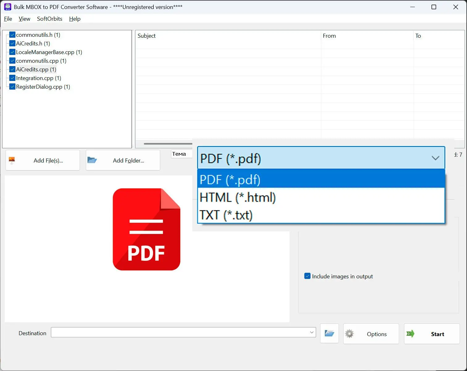  Choosing PDF output and per-email or combined mode..
