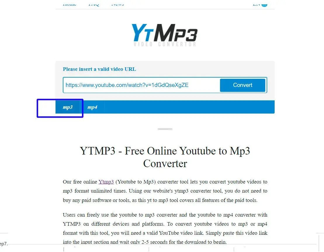 YTMP3 - MP3 as the Output Format to save URL..