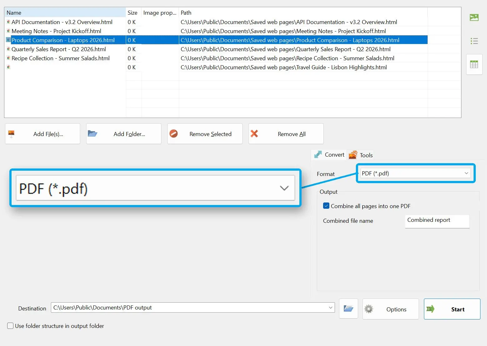 Set the format and the output folder.
