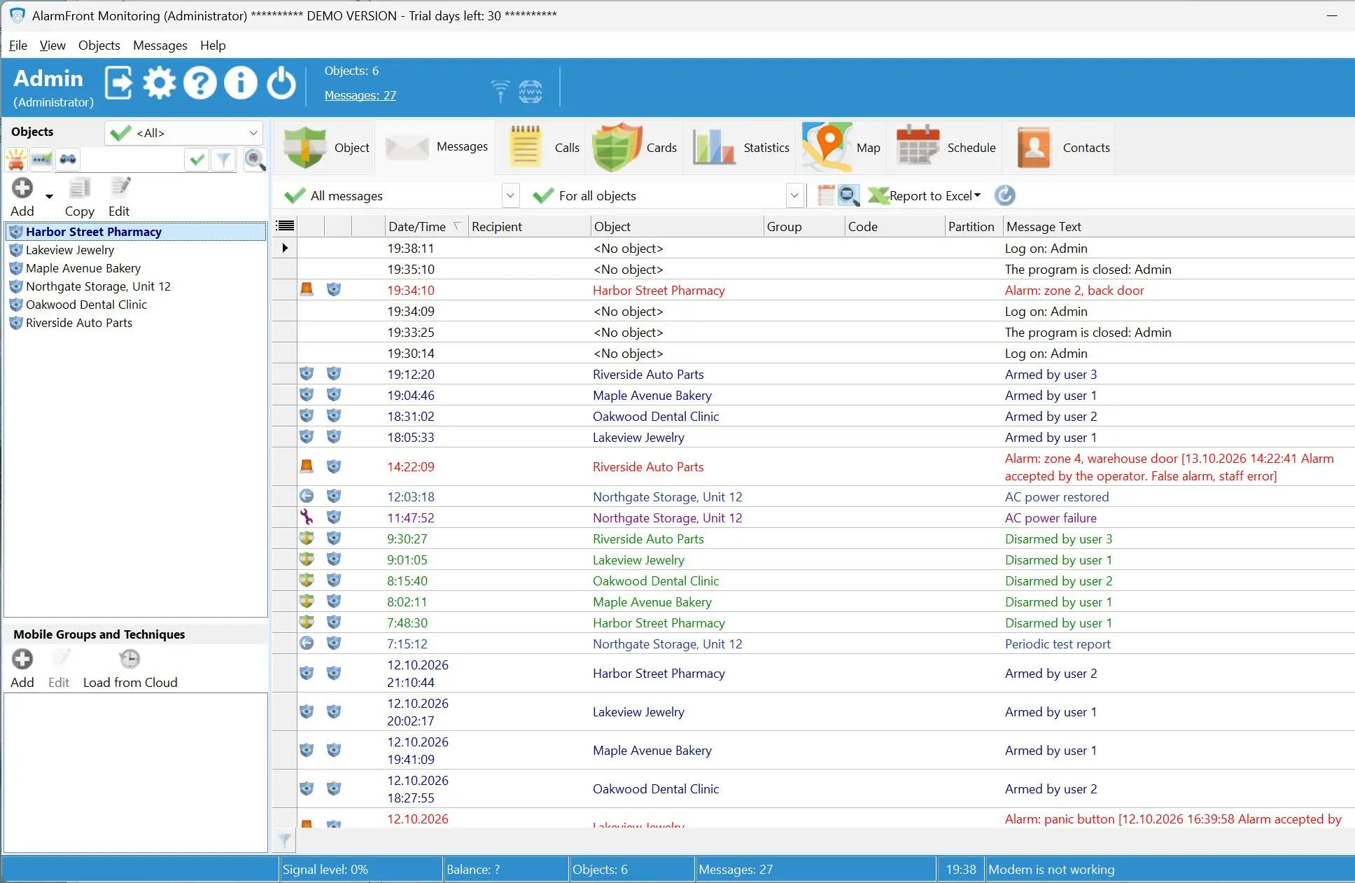 Alarm Front Monitoring Screenshot.