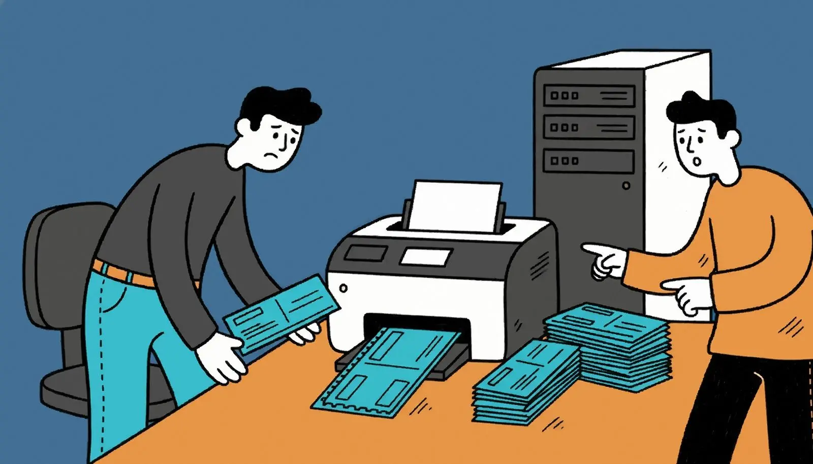 A small stack of printed voucher checks next to a laser printer.