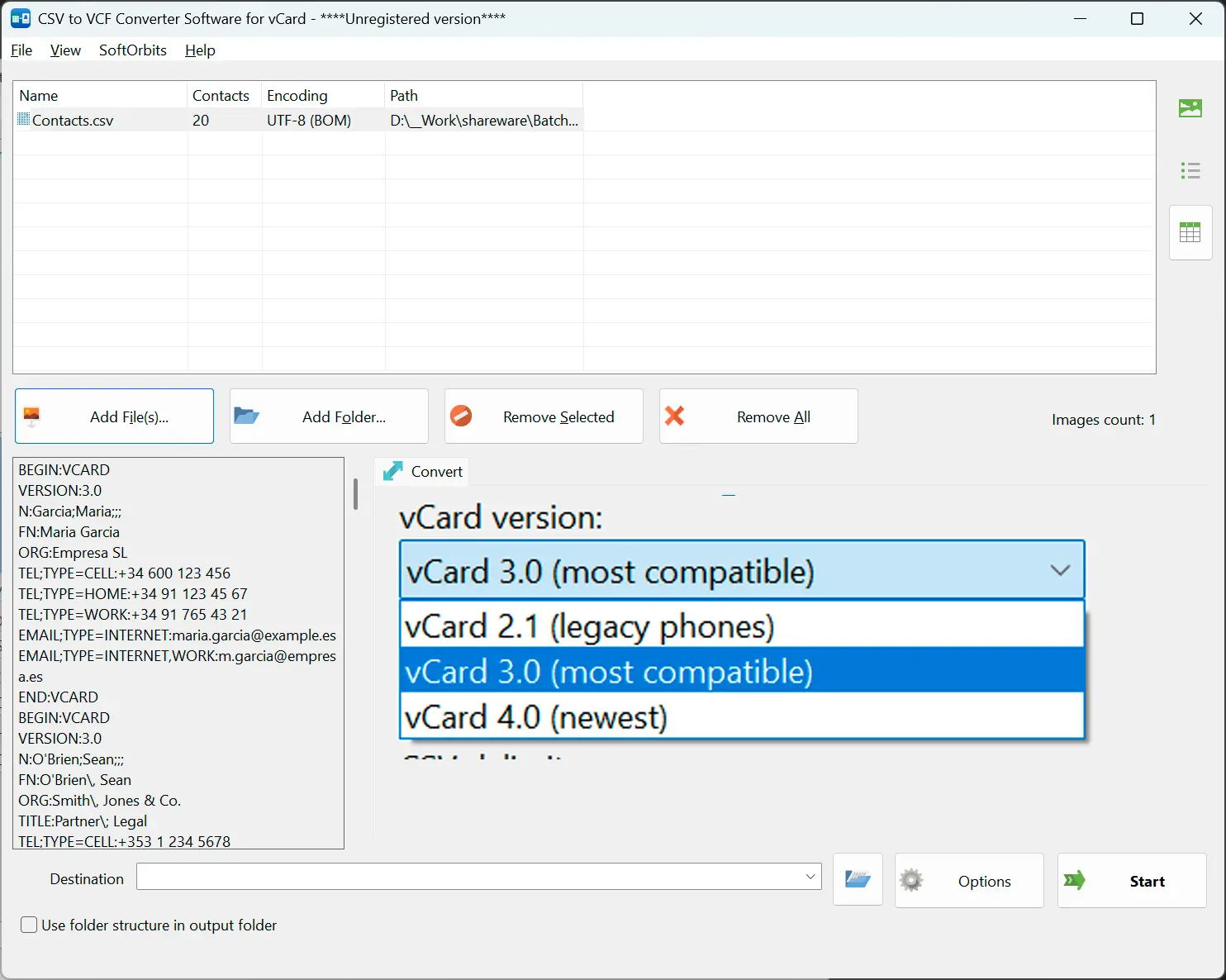 Map the columns, pick a vCard version.