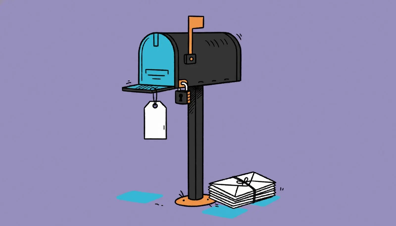 A street mailbox with a closed sign and a bundle of saved letters beside it.