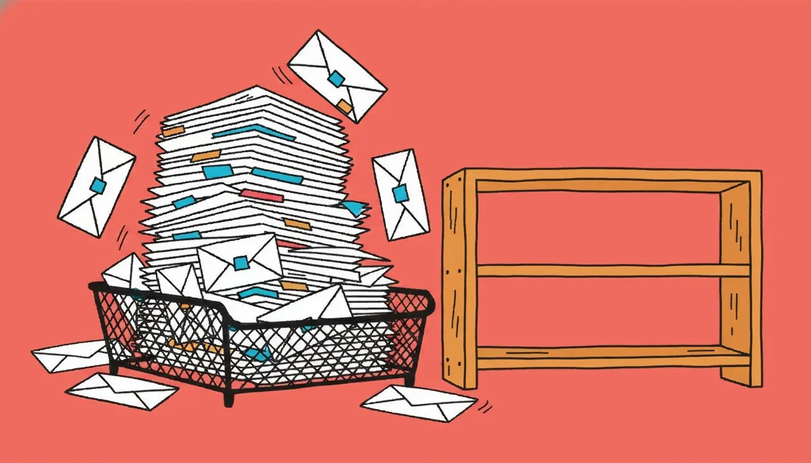 An overfilled mail tray next to an empty shelf.