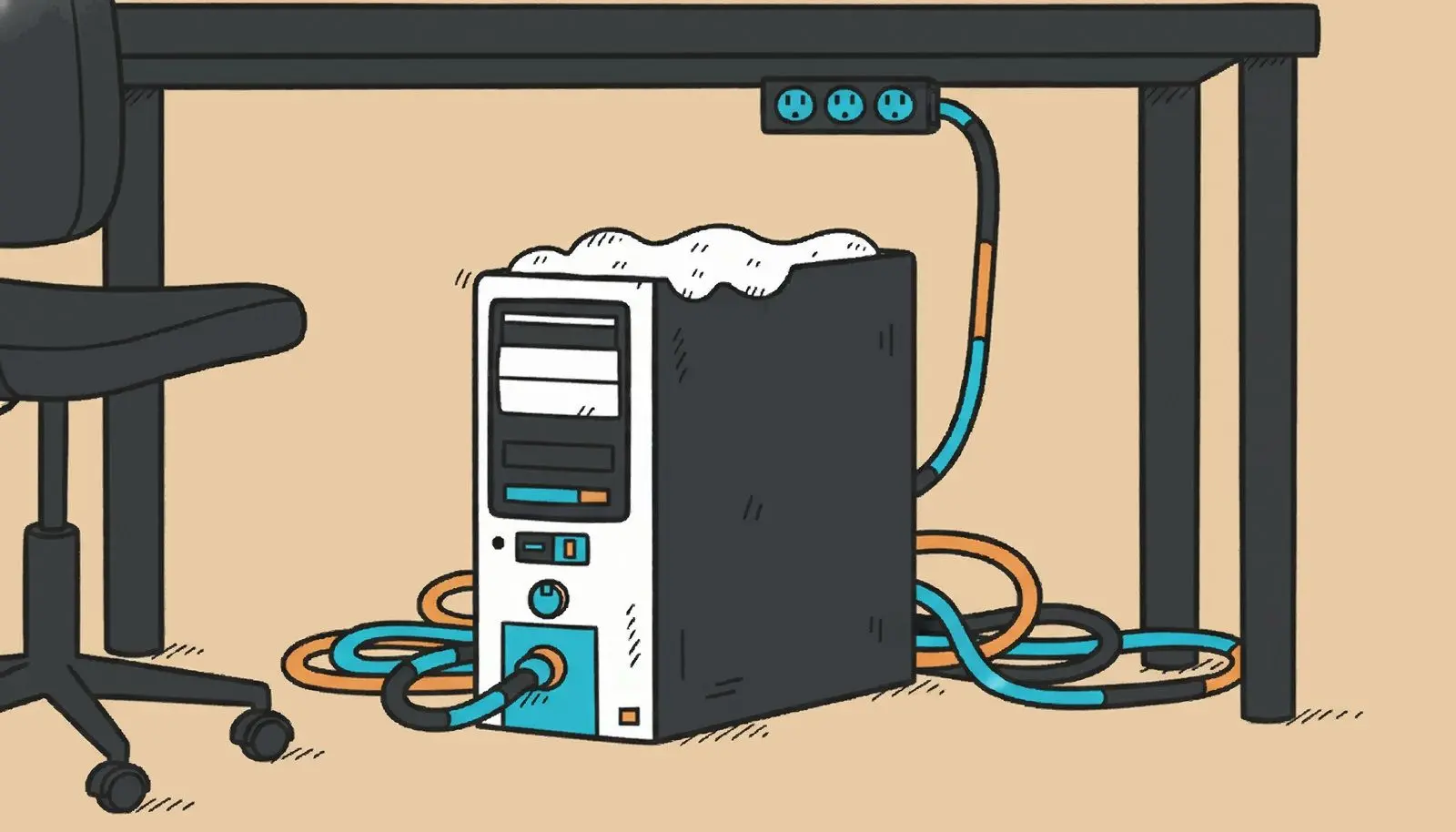 Old system unit standing under a desk.
