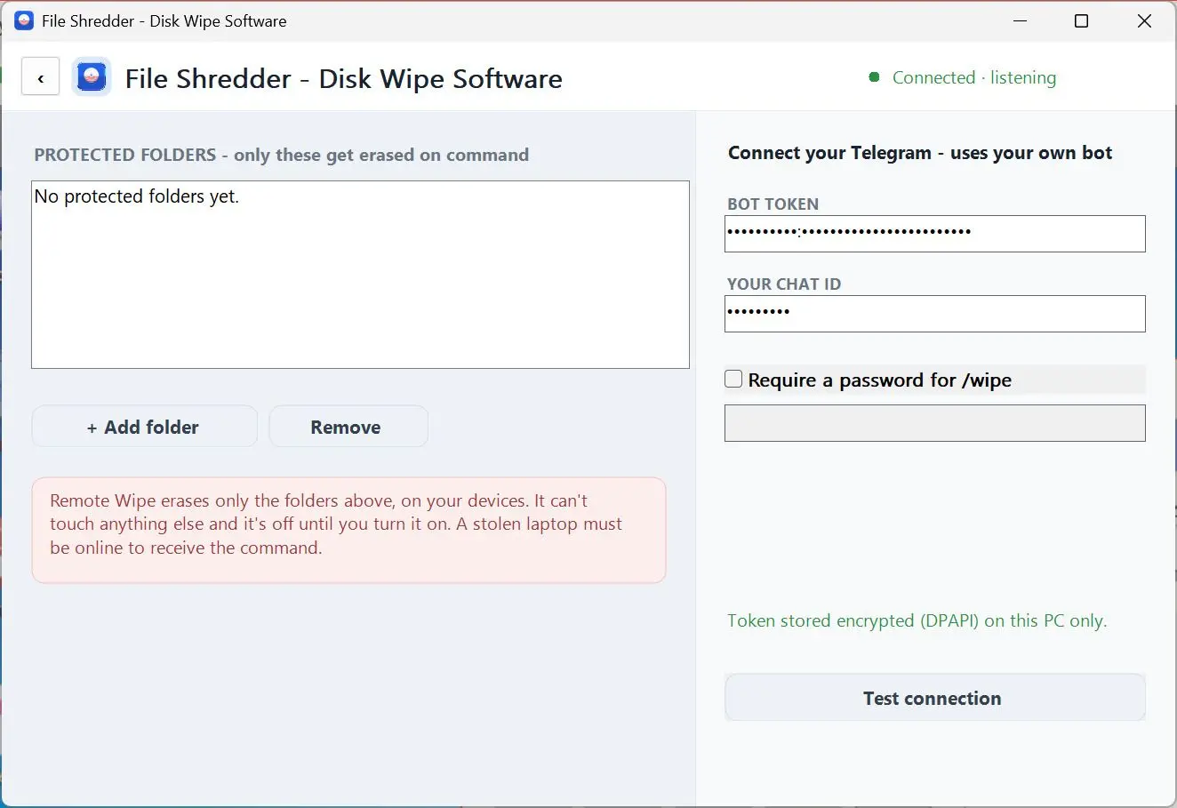 Remote Wipe screen with protected folders and Telegram connection status.