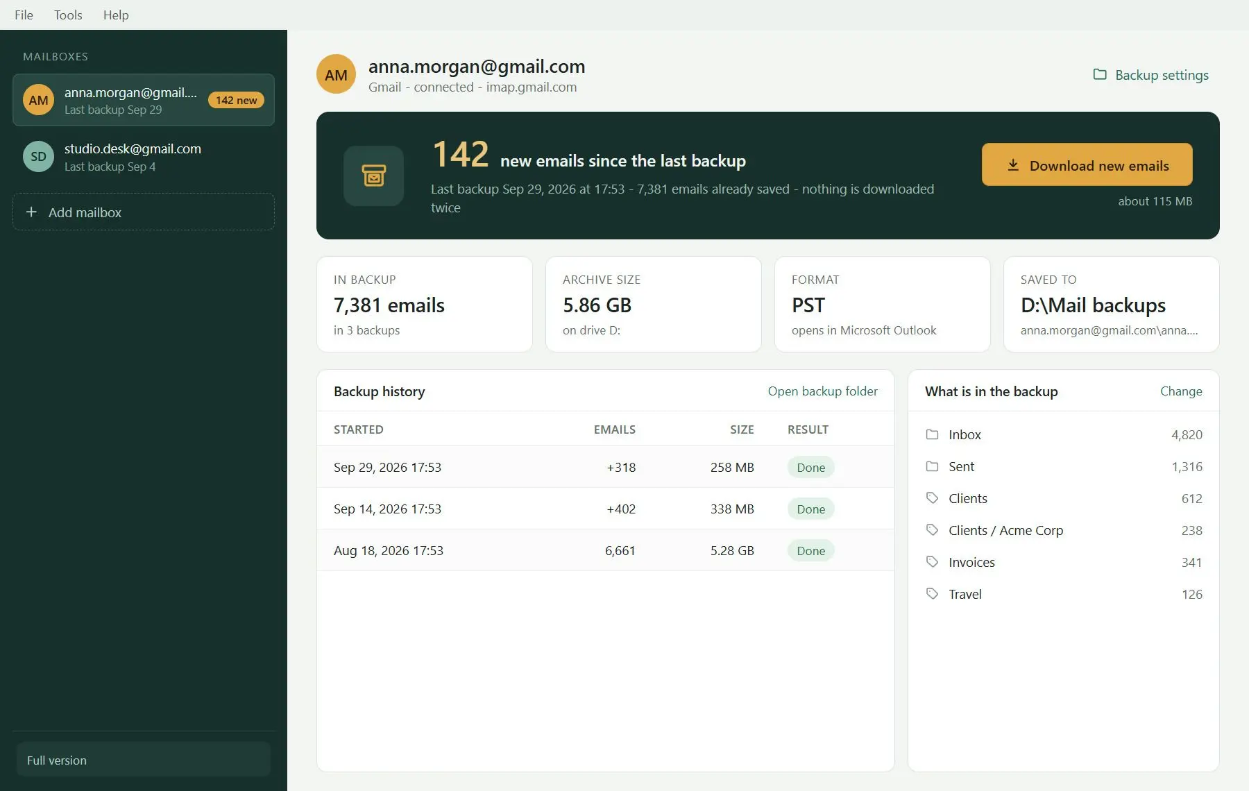 Gmail Backup & Export Software to PST and MBOX Screenshot.