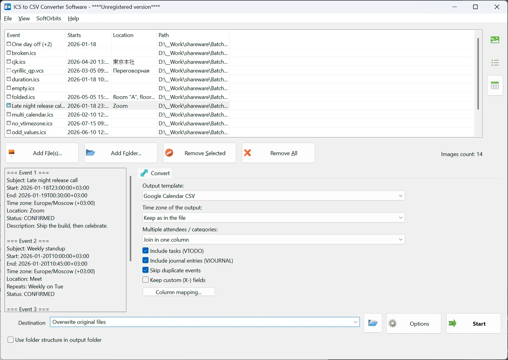ICS to CSV Converter Screenshot.