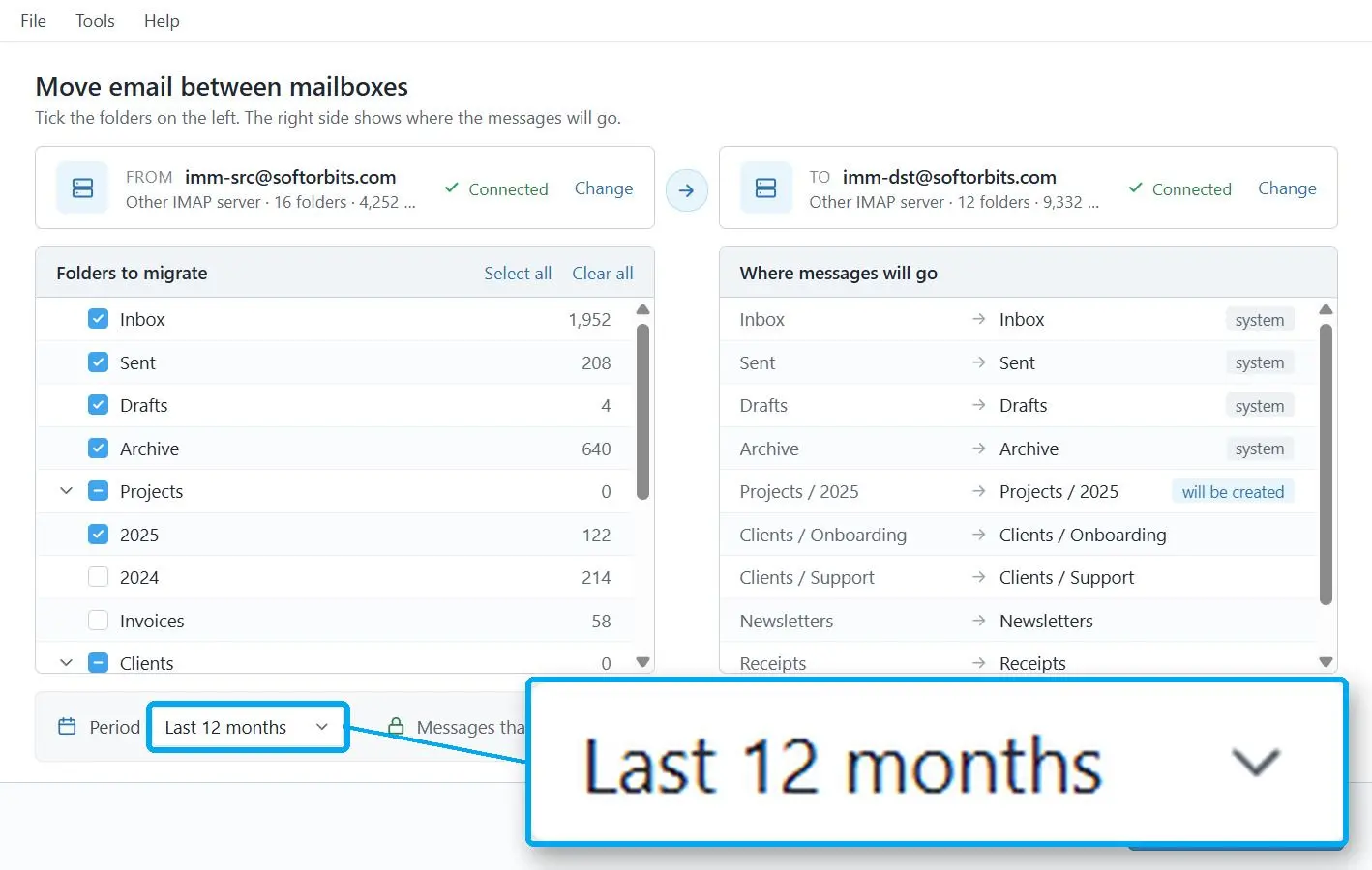 Connect the new mailbox and tick folders.
