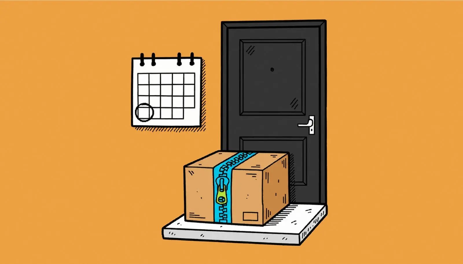A sealed parcel on a doorstep with a zipper running across its top.