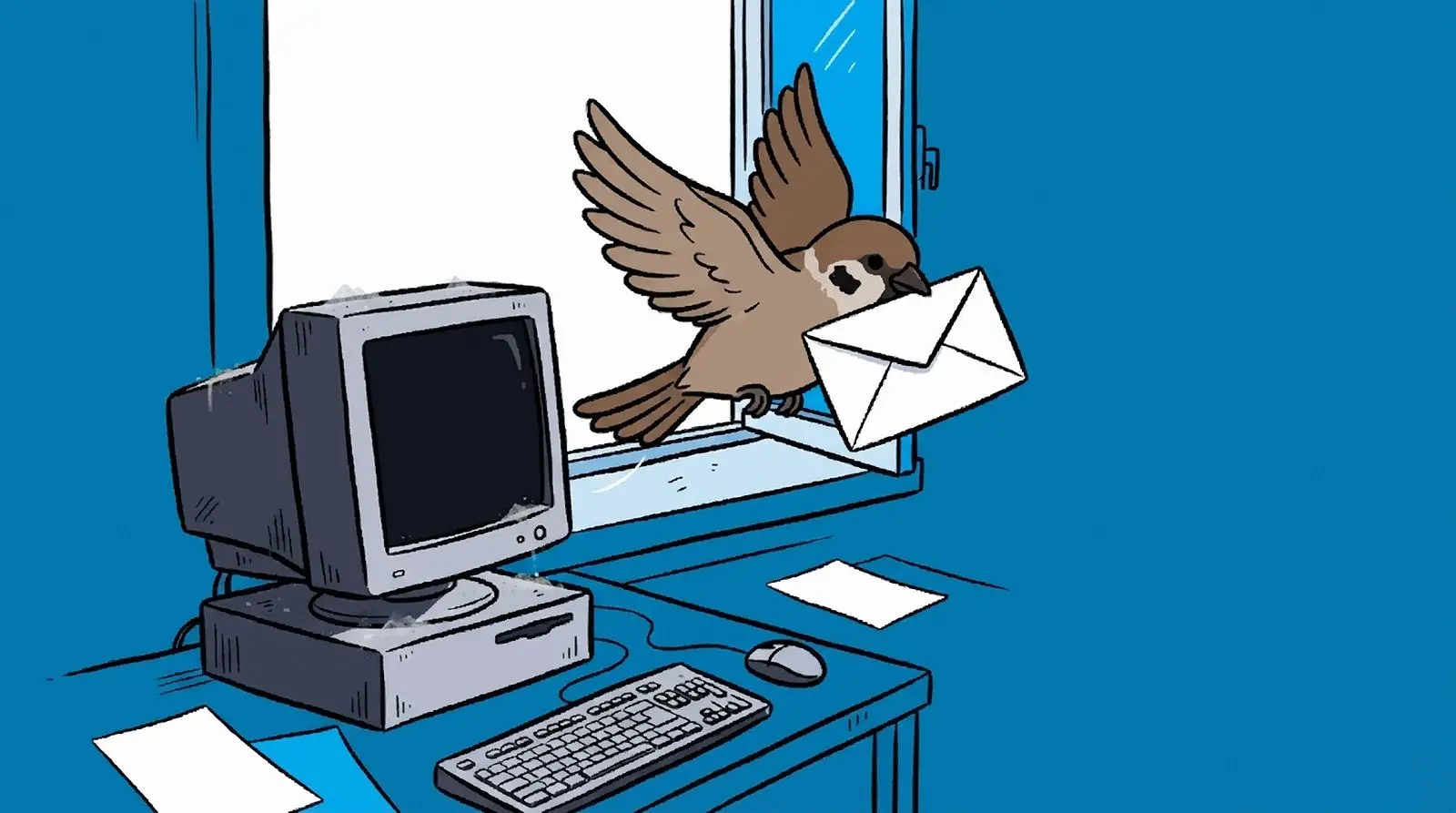 A small bird carrying a letter out of the window of an old desktop computer.