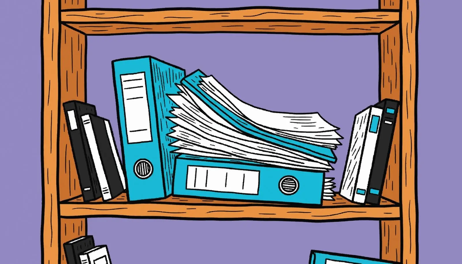 A bookshelf bending under one oversized binder between thin notebooks.