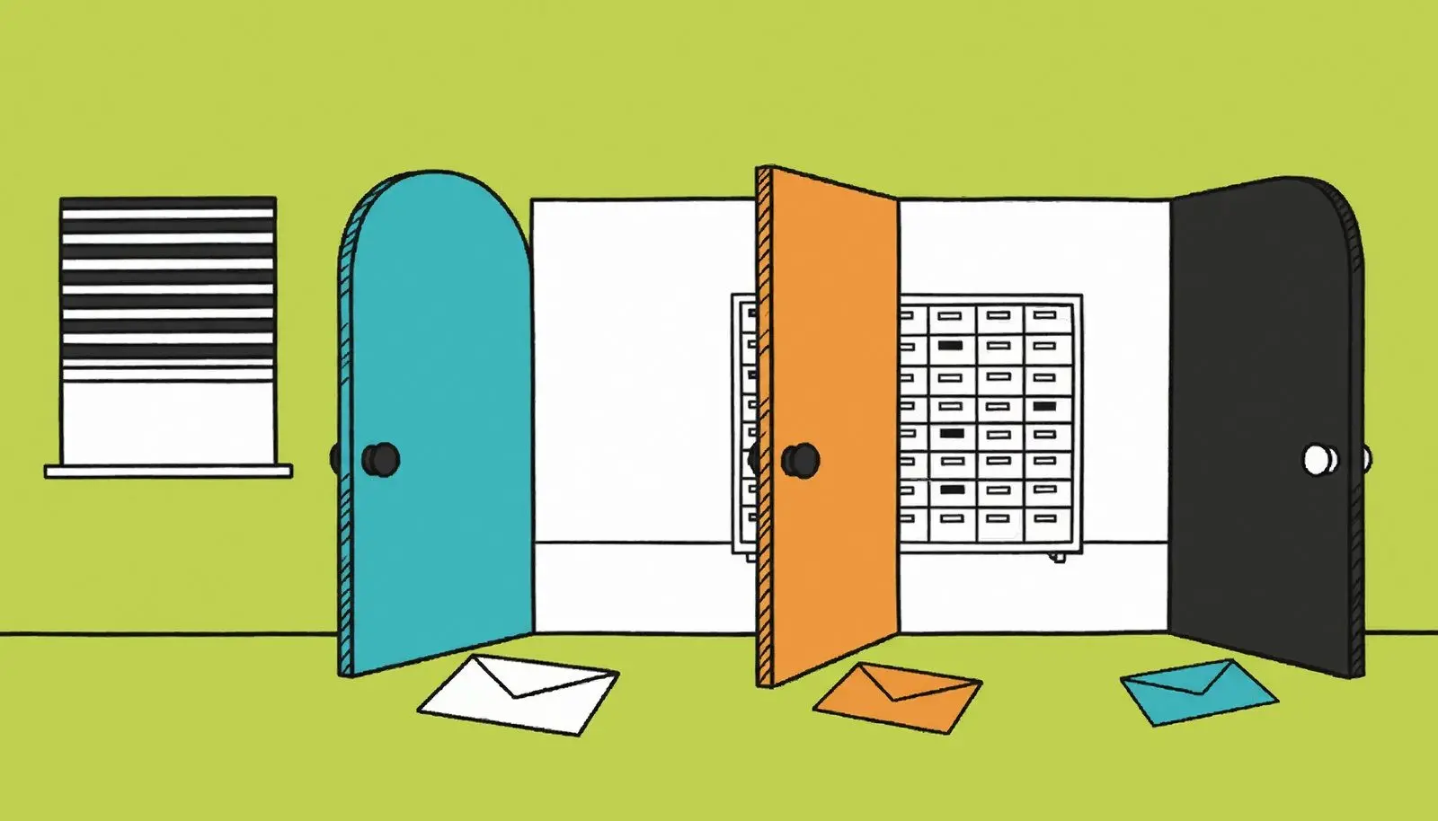 Three different envelopes lying in front of three doors that lead into one room.